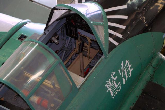 A view of the cockpit showing the stick and throttle of the reproduction Nakajima B5N "Kate"